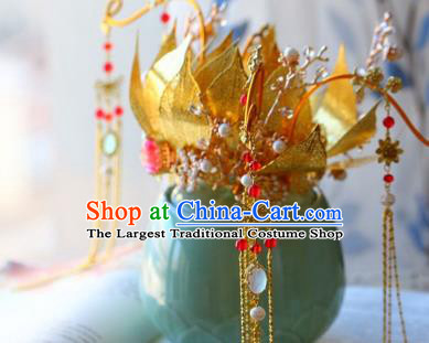 Traditional Chinese Tang Dynasty Golden Lotus Phoenix Coronet Headdress Ancient Wedding Hair Accessories for Women