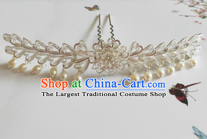Traditional Chinese Tang Dynasty Pearls Tassel Argent Hairpin Headdress Ancient Court Hair Accessories for Women
