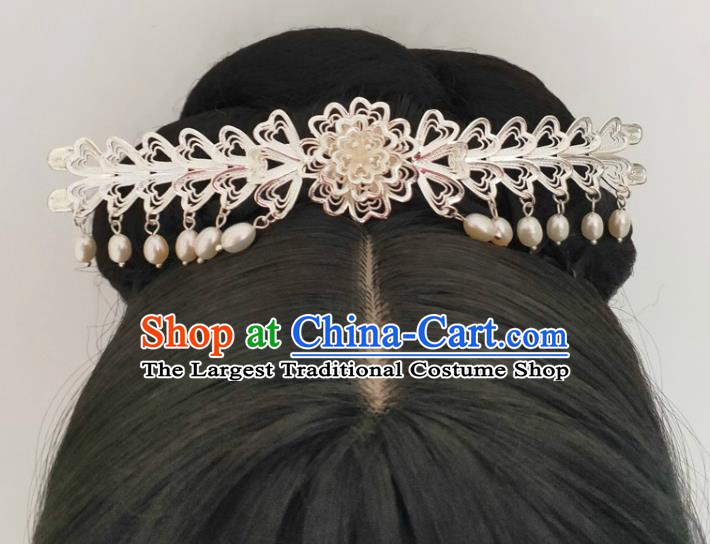Traditional Chinese Tang Dynasty Pearls Tassel Argent Hairpin Headdress Ancient Court Hair Accessories for Women