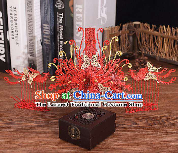 Traditional Chinese Bride Butterfly Red Phoenix Coronet Headdress Ancient Wedding Hair Accessories for Women