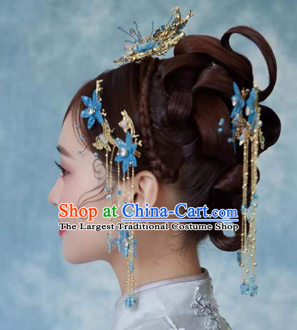 Traditional Chinese Bride Blue Flowers Hair Comb Hairpins Headdress Ancient Wedding Hair Accessories for Women