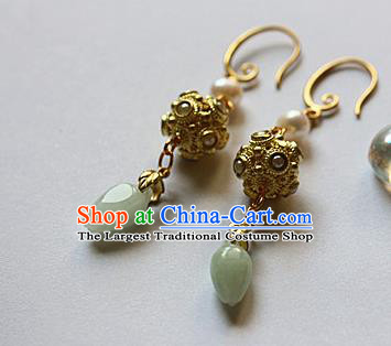 Traditional Chinese Handmade Jade Golden Earrings Ancient Hanfu Ear Accessories for Women