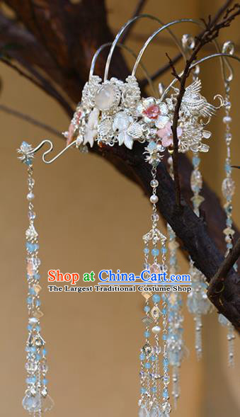 Traditional Chinese Argent Tassel Phoenix Coronet Hairpins Headdress Ancient Court Hair Accessories for Women