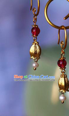 Traditional Chinese Handmade Golden Tulip Earrings Ancient Hanfu Ear Accessories for Women