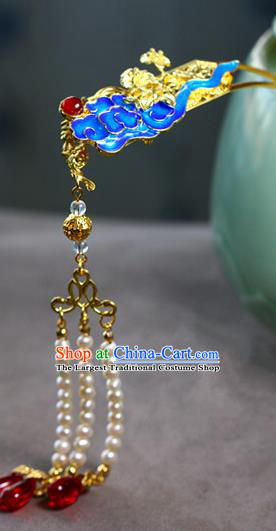 Traditional Chinese Palace Cloisonne Cloud Pearls Tassel Hairpin Headdress Ancient Court Hair Accessories for Women