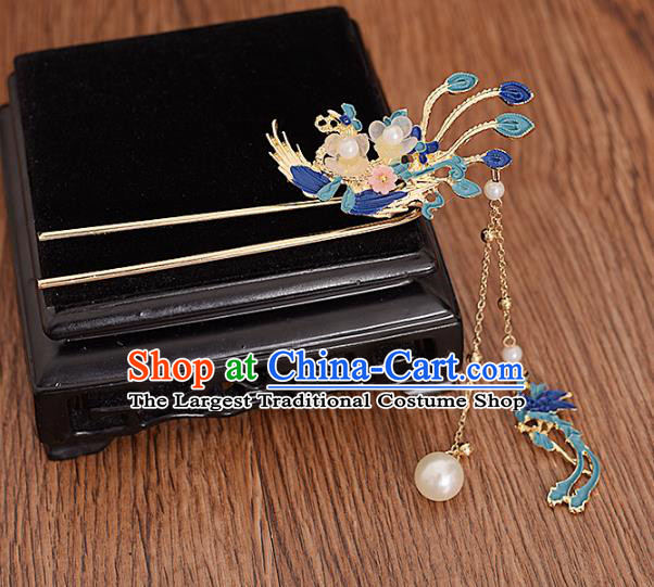 Traditional Chinese Handmade Blue Phoenix Tassel Hairpin Headdress Ancient Hanfu Hair Accessories for Women