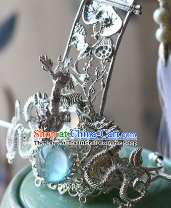 Traditional Chinese Argent Dragons Hairdo Crown and Hairpin Headdress Ancient Swordsman Hair Accessories for Men