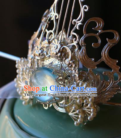 Traditional Chinese Argent Hairdo Crown and Hairpin Headdress Ancient Swordsman Hair Accessories for Men