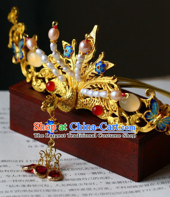 Traditional Chinese Tang Dynasty Pearls Phoenix Hairpins Headdress Ancient Court Hair Accessories for Women