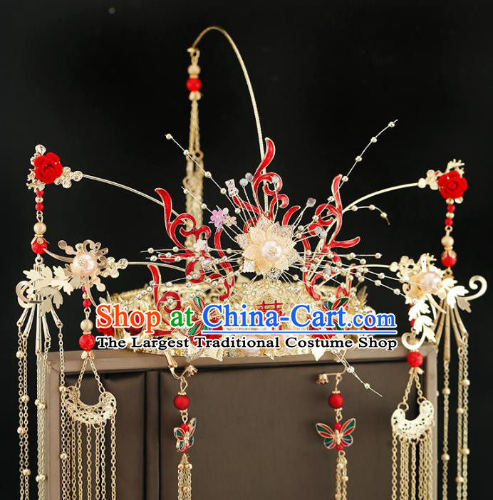 Traditional Chinese Bride Golden Tassel Phoenix Coronet Headdress Ancient Wedding Hair Accessories for Women