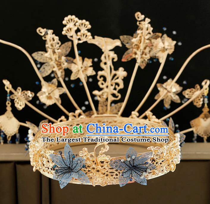 Traditional Chinese Bride Tassel Blue Flowers Phoenix Coronet Headdress Ancient Wedding Hair Accessories for Women