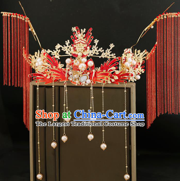 Traditional Chinese Bride Tassel Red Phoenix Coronet Headdress Ancient Wedding Hair Accessories for Women