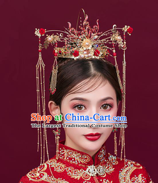 Traditional Chinese Bride Red Rose Hair Coronet Headdress Ancient Wedding Hair Accessories for Women