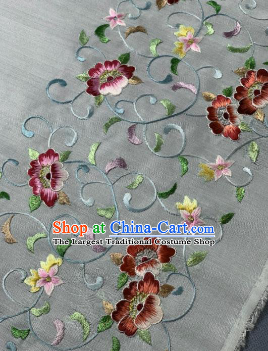 Chinese Traditional Embroidered Flowers Pattern Design Light Green Silk Fabric Asian Hanfu Material