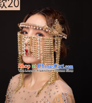 Traditional Chinese Stage Show Golden Tassel Hair Clasp Mask Headdress Handmade Catwalks Hair Accessories for Women