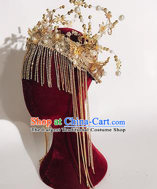Traditional Chinese Stage Show Tassel Golden Royal Crown Headdress Handmade Catwalks Hair Accessories for Women