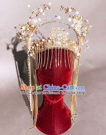 Traditional Chinese Stage Show Tassel Golden Royal Crown Headdress Handmade Catwalks Hair Accessories for Women