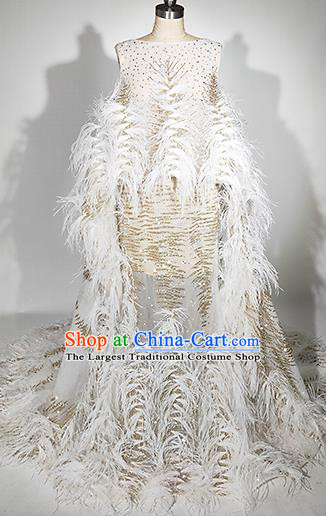 Top Grade Modern Dance White Feather Full Dress Catwalks Compere Costume for Women