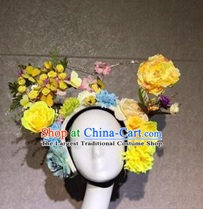 Traditional Chinese Stage Show Yellow Peony Hair Crown Headdress Handmade Catwalks Hair Accessories for Women