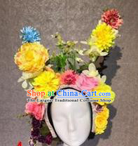 Traditional Chinese Stage Show Yellow Peony Flowers Hair Crown Headdress Handmade Catwalks Hair Accessories for Women