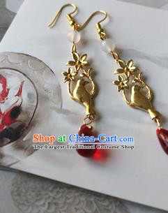 Traditional Chinese Handmade Golden Bird Earrings Ancient Hanfu Ear Accessories for Women