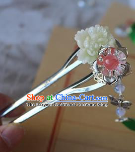 Traditional Chinese Palace Carving Green Peony Hairpin Headdress Ancient Court Hair Accessories for Women