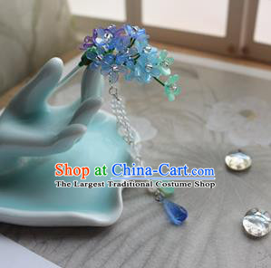 Traditional Chinese Bride Blue Flowers Tassel Hairpin Headdress Ancient Court Hair Accessories for Women