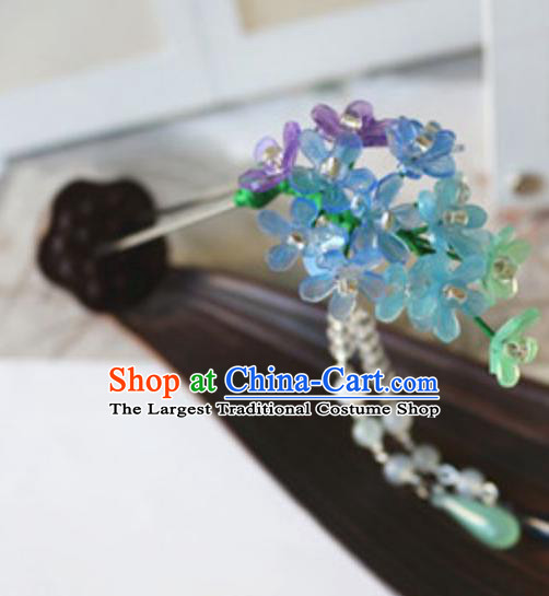 Traditional Chinese Bride Blue Flowers Tassel Hairpin Headdress Ancient Court Hair Accessories for Women