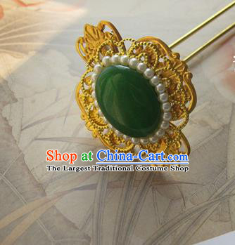 Traditional Chinese Bride Pearls Jade Golden Hairpin Headdress Ancient Court Hair Accessories for Women