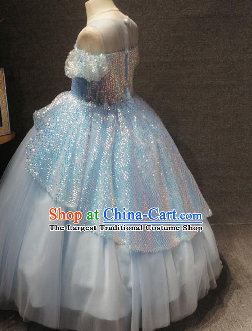 Top Grade Children Birthday Light Blue Full Dress Catwalks Stage Show Princess Costume for Kids