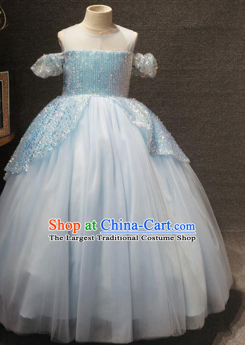 Top Grade Children Princess Blue Full Dress Catwalks Stage Show Birthday Costume for Kids
