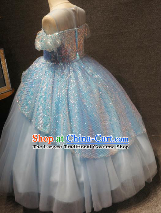 Top Grade Children Princess Blue Full Dress Catwalks Stage Show Birthday Costume for Kids