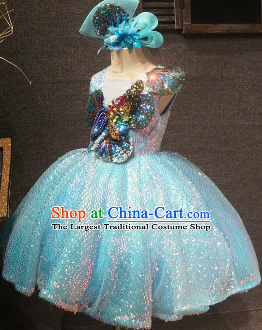 Top Grade Children Princess Light Blue Sequins Dress Catwalks Stage Show Birthday Costume for Kids