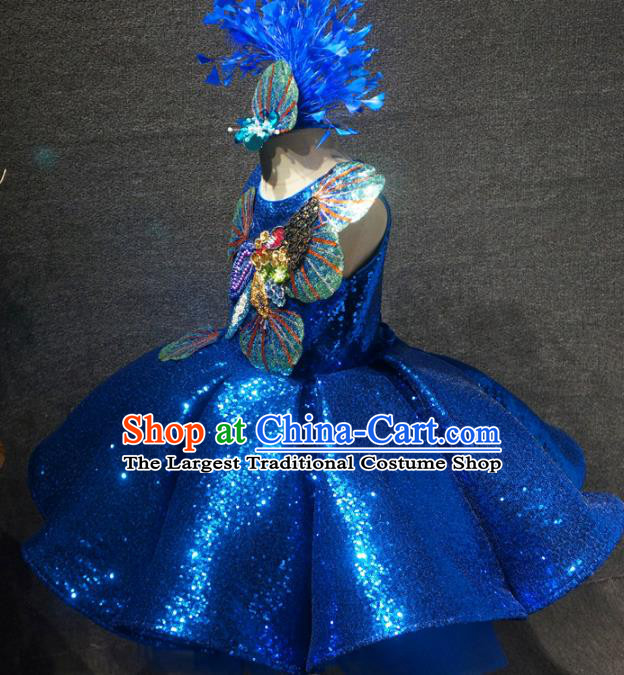 Top Grade Children Modern Dance Royalblue Short Dress Catwalks Stage Show Birthday Costume for Kids