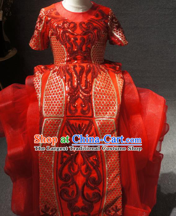 Traditional Chinese Compere Embroidered Red Dress Catwalks Stage Show Costume for Kids
