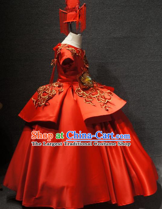 Traditional Chinese New Year Compere Red Full Dress Catwalks Stage Show Costume for Kids