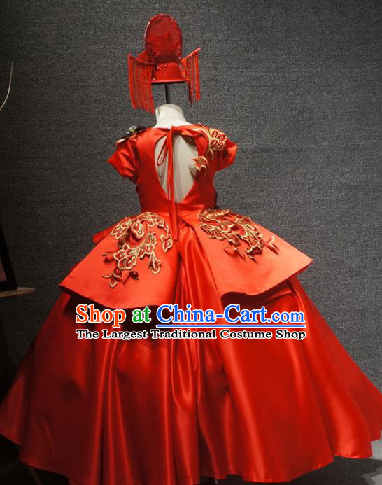 Traditional Chinese New Year Compere Red Full Dress Catwalks Stage Show Costume for Kids
