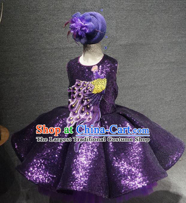 Top Grade Children Day Performance Embroidered Peacock Purple Short Dress Catwalks Stage Show Birthday Costume for Kids