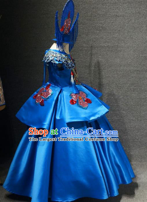 Traditional Chinese Compere Royalblue Full Dress Catwalks Stage Show Costume for Kids