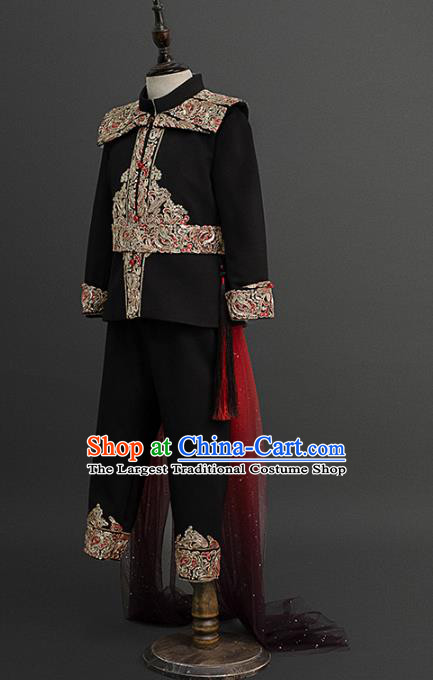 Traditional Chinese Children Catwalks Black Tang Suit Compere Stage Performance Costume for Kids