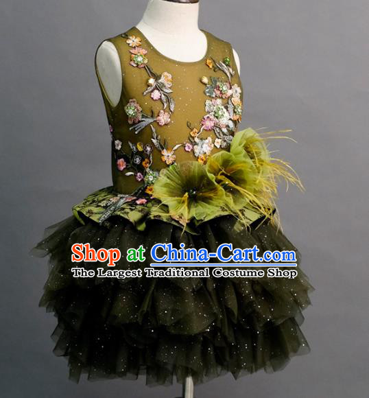 Top Children Compere Olive Green Short Full Dress Catwalks Princess Stage Show Dance Costume for Kids