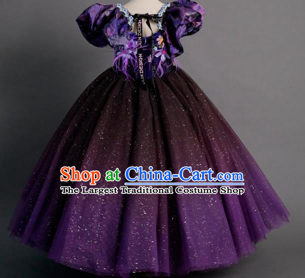 Top Children Princess Compere Purple Bubble Full Dress Catwalks Stage Show Dance Costume for Kids