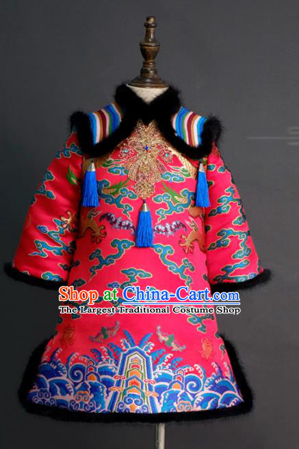 Traditional Chinese Catwalks Chorus Embroidered Rosy Qipao Dress Compere Stage Performance Costume for Kids
