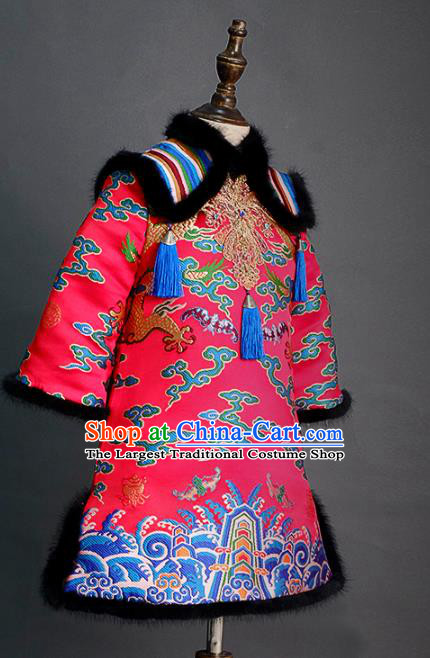 Traditional Chinese Catwalks Chorus Embroidered Rosy Qipao Dress Compere Stage Performance Costume for Kids
