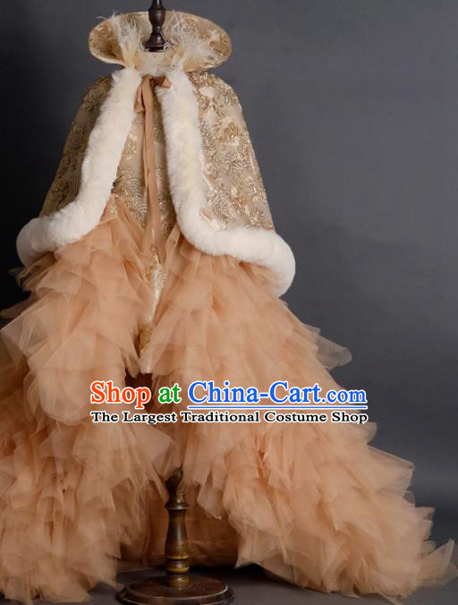 Top Children Compere Apricot Pink Veil Trailing Full Dress Catwalks Stage Show Dance Costume for Kids