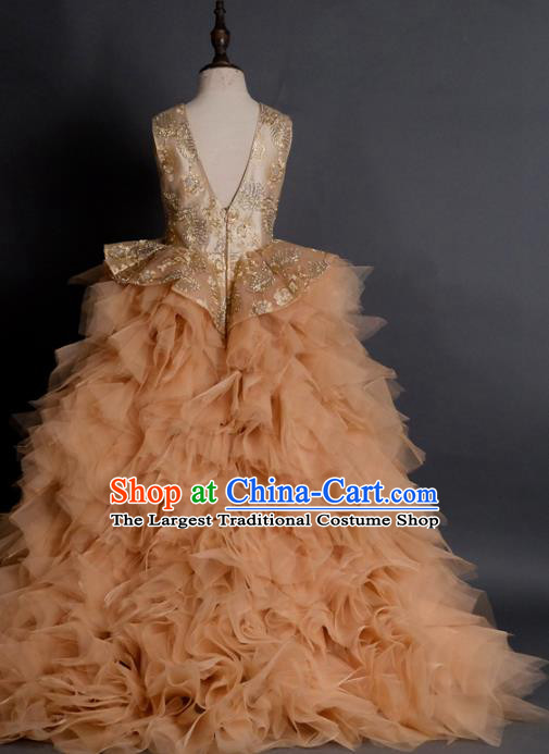 Top Children Compere Apricot Pink Veil Trailing Full Dress Catwalks Stage Show Dance Costume for Kids