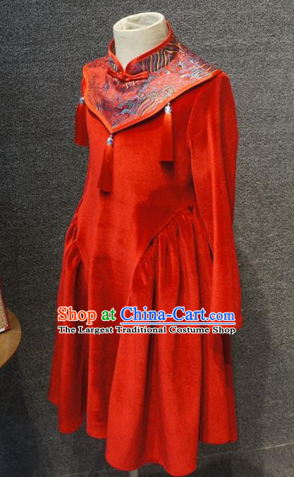 Traditional Chinese New Year Red Qipao Dress Catwalks Compere Stage Show Costume for Kids
