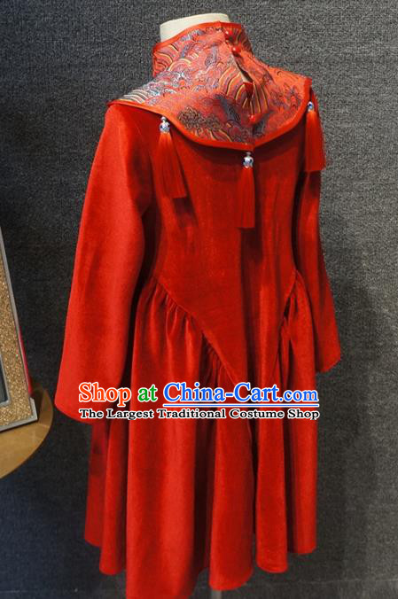 Traditional Chinese New Year Red Qipao Dress Catwalks Compere Stage Show Costume for Kids