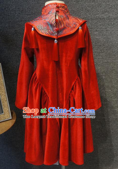 Traditional Chinese New Year Red Qipao Dress Catwalks Compere Stage Show Costume for Kids