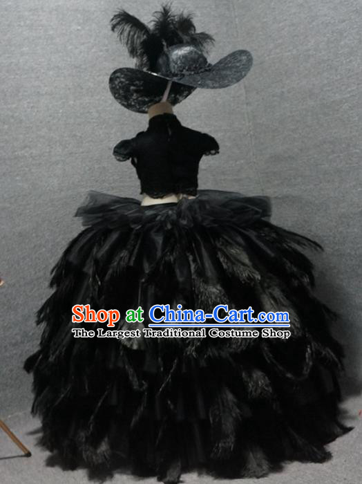Top Children Piano Recital Black Feather Full Dress Catwalks Princess Stage Show Birthday Costume for Kids